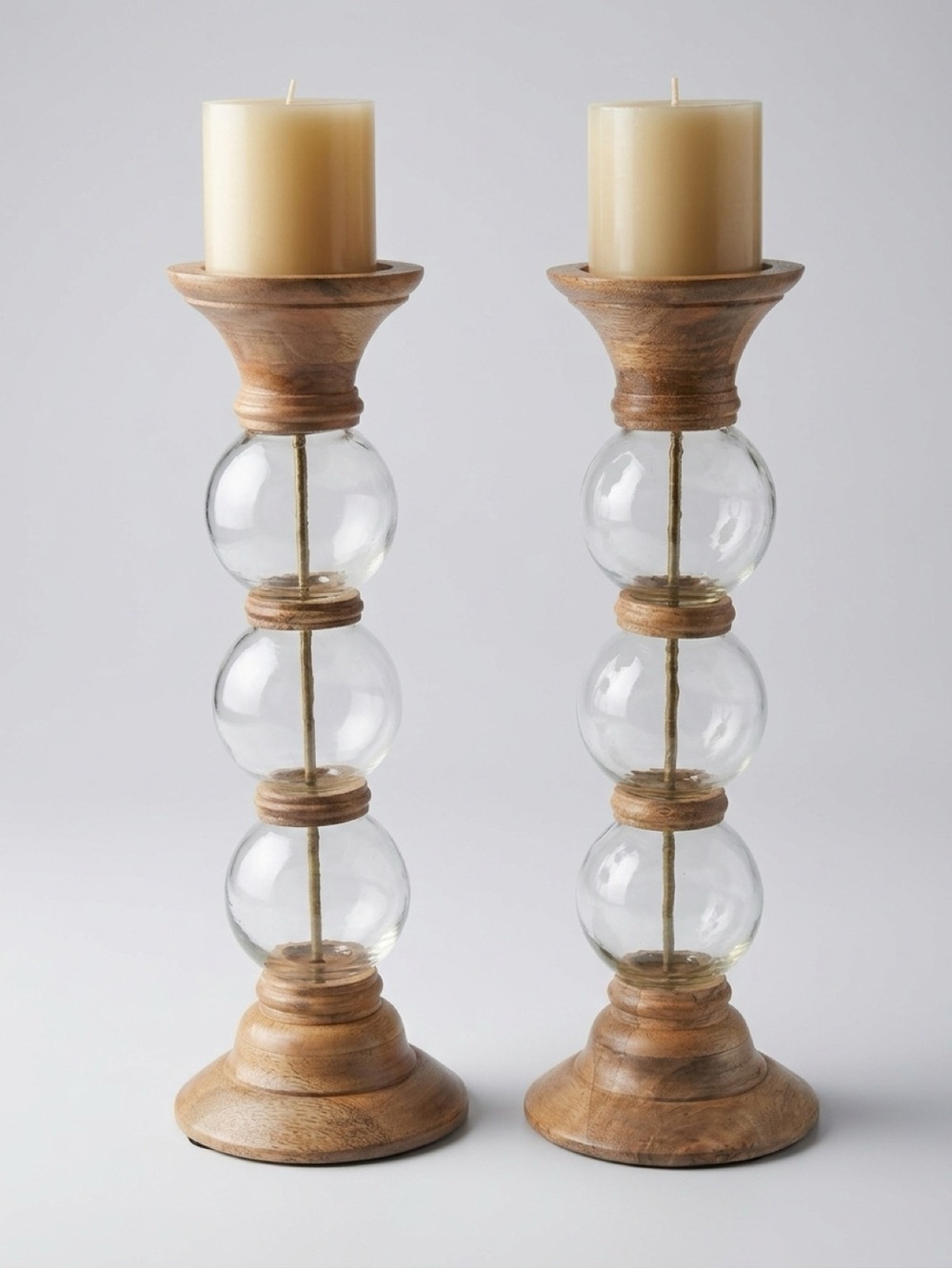 Pier 1 Natural Wood and Clear Glass Pillar Candle Holders - Pair
